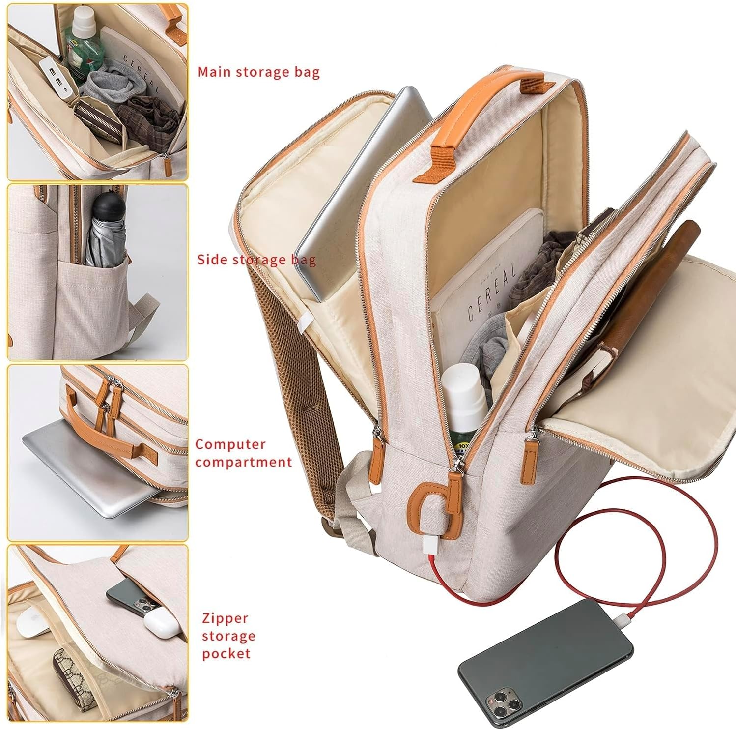 NOBLEMAN Best Laptop Backpack for Women, Professional Adult Office Commuter Womens Computer Backpack, Luxury Lightweight Carry on Travel Personal Item Bag For Airlines Fits 16 Laptop (Beige Plus) - Image 3
