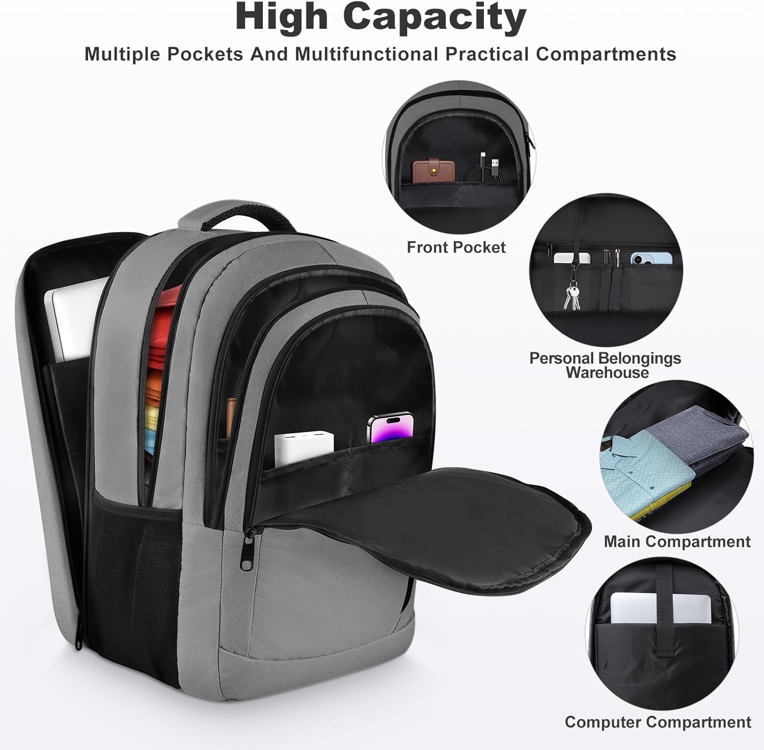 Travel Laptop Backpack, Extra Large Laptop Backpack, 17 Inch Laptop Backpack, 40L Heavy Duty Water Resistant TSA Airline Approved Business Work Computer College School Backpack Bag for Men Women, Grey - Image 4
